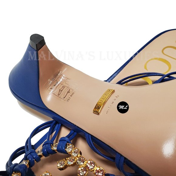 GUCCI SHOES BLUE LEATHER STRAPPY SANDALS CRYSTAL INTERLOCKING LOGO 38 8 US - Picture 12 of 15
